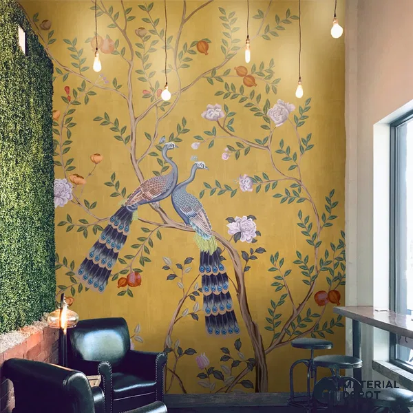 Morni, Peacock and Flowers Chinoiserie Design for Walls, Yellow Sukoon Series Handmade Chinoserie Design (Customised Size Wallpaper)