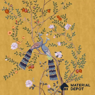 Morni, Peacock and Flowers Chinoiserie Design for Walls, Yellow Sukoon Series Handmade Chinoserie Design (Customised Size Wallpaper)