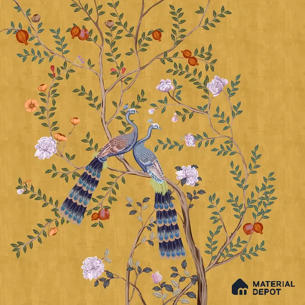 Morni, Peacock and Flowers Chinoiserie Design for Walls, Yellow Sukoon Series Handmade Chinoserie Design (Customised Size Wallpaper)