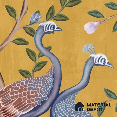 Morni, Peacock and Flowers Chinoiserie Design for Walls, Yellow Sukoon Series Handmade Chinoserie Design (Customised Size Wallpaper)