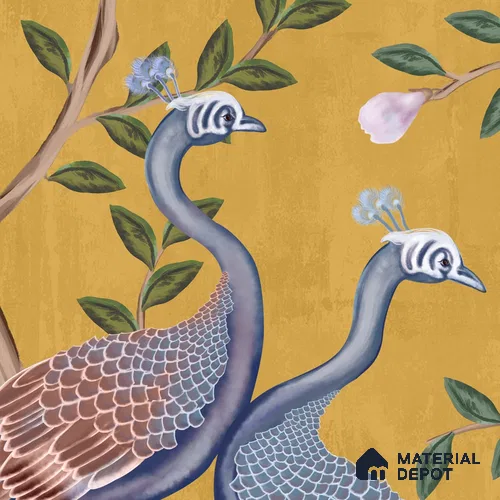 A close-up of aMorni, Peacock and Flowers Chinoiserie Design for Walls, Yellow Sukoon Series Chinoserie Design (Customised Size Wallpaper) with a finish available at Material Depot in Bangalore