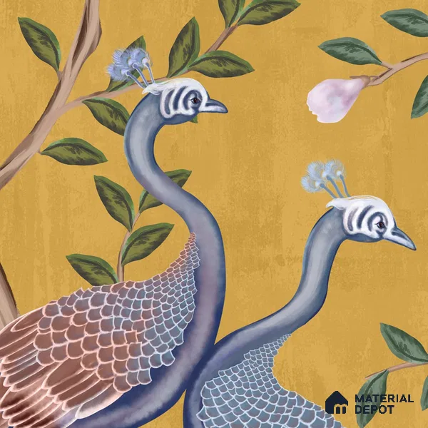 Morni, Peacock and Flowers Chinoiserie Design for Walls, Yellow Sukoon Series Handmade Chinoserie Design (Customised Size Wallpaper)