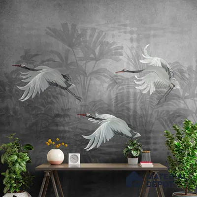 Musafir Beautiful Cranes Grey Wallpaper Sukoon Series Handmade Abstract Design (Customised Size Wallpaper)
