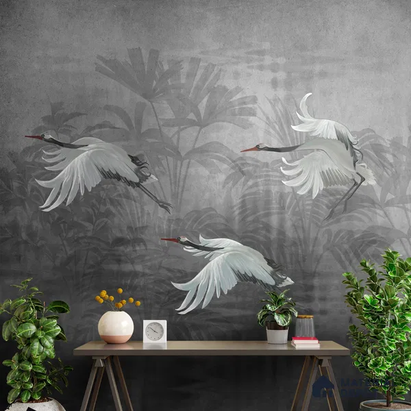Musafir Beautiful Cranes Grey Wallpaper Sukoon Series Handmade Abstract Design (Customised Size Wallpaper)