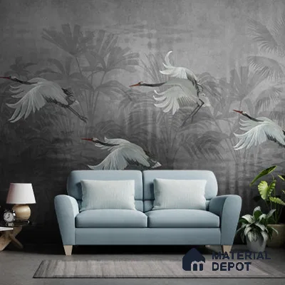 Musafir Beautiful Cranes Grey Wallpaper Sukoon Series Handmade Abstract Design (Customised Size Wallpaper)