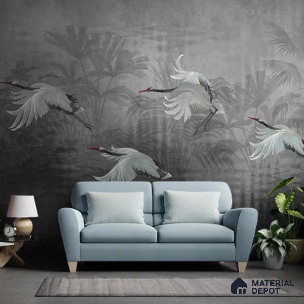 Musafir Beautiful Cranes Grey Wallpaper Sukoon Series Handmade Abstract Design (Customised Size Wallpaper)