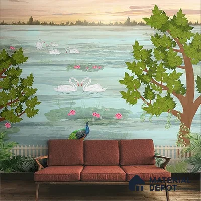 Nature Inspired Indian Design with Swans and Peacock Indrani Series Soft Feel Tropical Design (Customised Size Wallpaper )