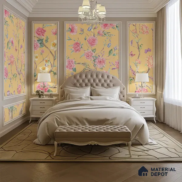 Oriental Yellow Chinoiserie Wallpaper for Walls Sukoon Series Canvas Chinoserie Design (Customised Size Wallpaper)