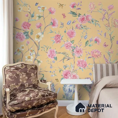 Oriental Yellow Chinoiserie Wallpaper for Walls Sukoon Series Canvas Chinoserie Design (Customised Size Wallpaper)