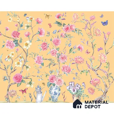 Oriental Yellow Chinoiserie Wallpaper for Walls Sukoon Series Canvas Chinoserie Design (Customised Size Wallpaper)