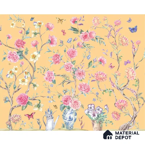 Oriental Yellow Chinoiserie Wallpaper for Walls Sukoon Series Canvas Chinoserie Design (Customised Size Wallpaper)