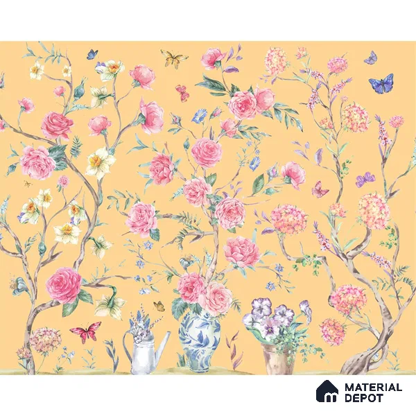 Oriental Yellow Chinoiserie Wallpaper for Walls Sukoon Series Canvas Chinoserie Design (Customised Size Wallpaper)