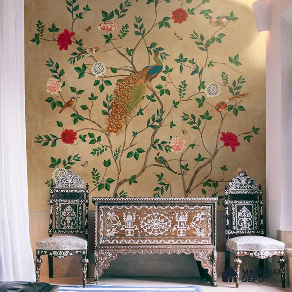 Pakhi Beige Chinoiserie Design Canvas (Customised Size Wallpaper )