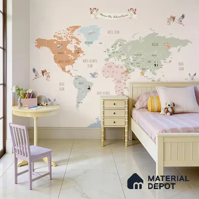 Pastel World Map Wall Size Kids Canvas Customized Wallpaper 