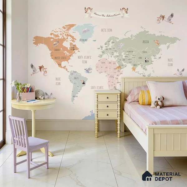 Pastel World Map Wall Size Kids Canvas Customized Wallpaper 