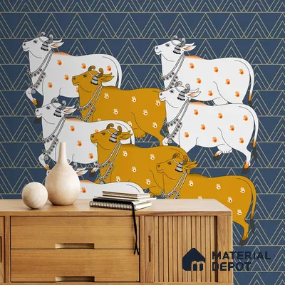 Pichwai Cow Design Blue Wallpaper for Walls, Customised Indrani Series Canvas Artistic Design (Customised Size Wallpaper )