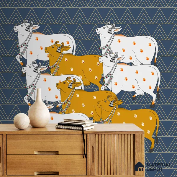 Pichwai Cow Design Blue Wallpaper for Walls, Customised Indrani Series Canvas Artistic Design (Customised Size Wallpaper )