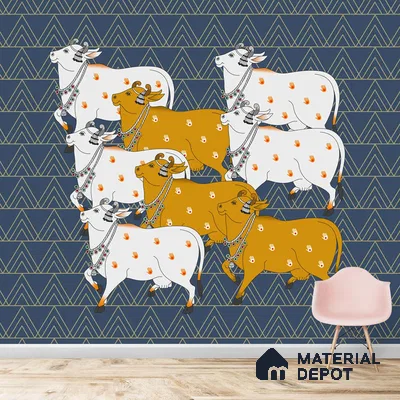 Pichwai Cow Design Blue Wallpaper for Walls, Customised Indrani Series Canvas Artistic Design (Customised Size Wallpaper )
