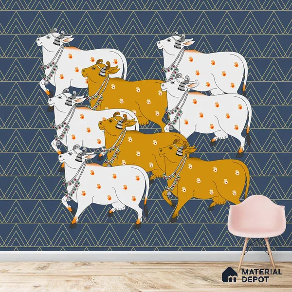 Pichwai Cow Design Blue Wallpaper for Walls, Customised Indrani Series Canvas Artistic Design (Customised Size Wallpaper )