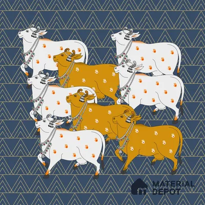 Pichwai Cow Design Blue Wallpaper for Walls, Customised Indrani Series Canvas Artistic Design (Customised Size Wallpaper )