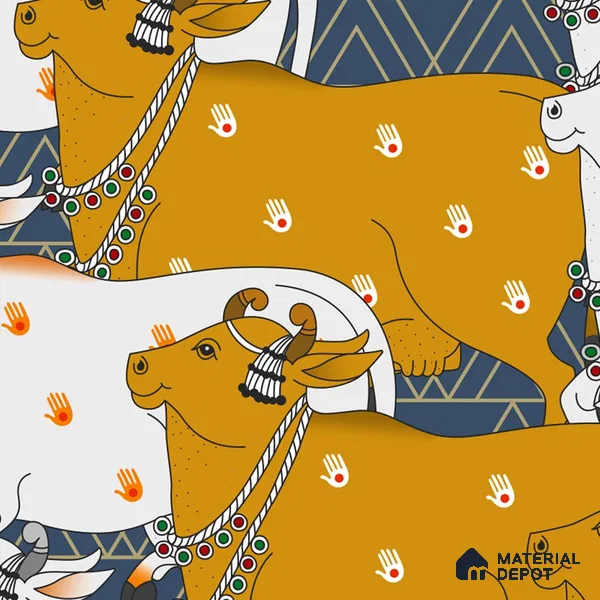 Pichwai Cow Design Blue Wallpaper for Walls, Customised Indrani Series Canvas Artistic Design (Customised Size Wallpaper )