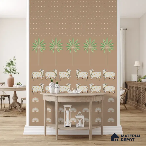 Pichwai Cow Painting Inspired for Walls, Brown Color Customised Handmade (Customised Wallpaper)