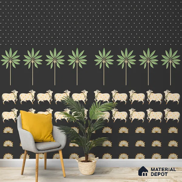 Pichwai Cow Painting Inspired Wallpaper for Walls, Customised Indrani Series Canvas Tropical Design (Customised Size Wallpaper )