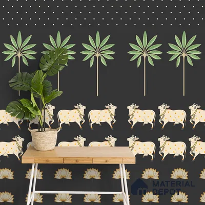 Pichwai Cow Painting Inspired Wallpaper for Walls, Customised Indrani Series Canvas Tropical Design (Customised Size Wallpaper )