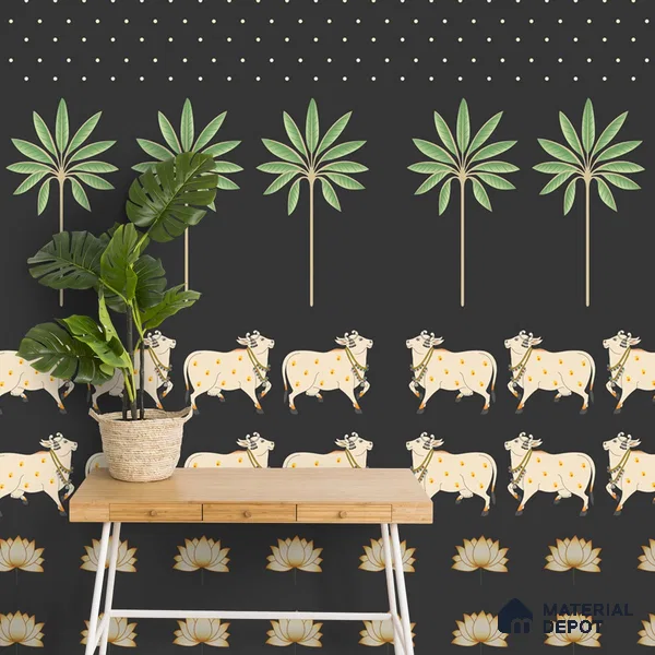 Pichwai Cow Painting Inspired Wallpaper for Walls, Customised Indrani Series Canvas Tropical Design (Customised Size Wallpaper )