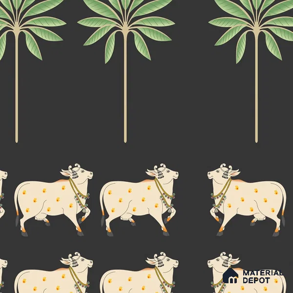 Pichwai Cow Painting Inspired Wallpaper for Walls, Customised Indrani Series Canvas Tropical Design (Customised Size Wallpaper )