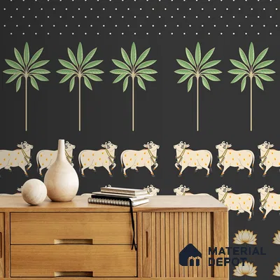 Pichwai Cow Painting Inspired Wallpaper for Walls, Customised Indrani Series Canvas Tropical Design (Customised Size Wallpaper )