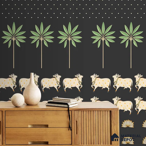 Pichwai Cow Painting Inspired Wallpaper for Walls, Customised Indrani Series Canvas Tropical Design (Customised Size Wallpaper )
