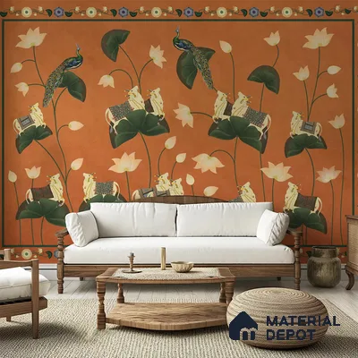 Pichwai Floral Cow Painting Inspired Rust Orange for Walls Soft Feel (Customised Wallpaper)