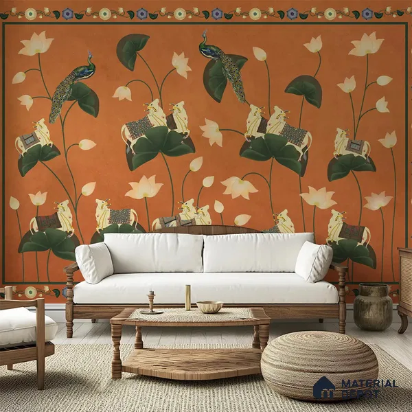 Pichwai Floral Cow Painting Inspired Rust Orange for Walls Soft Feel (Customised Wallpaper)