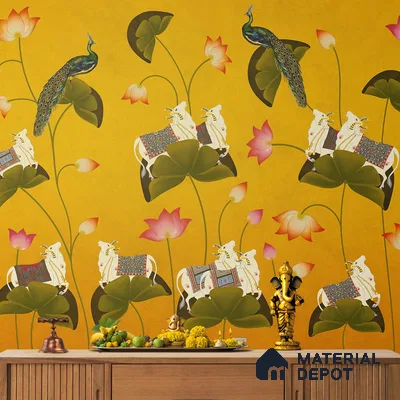 Pichwai Floral Cow Painting Inspired Yellow Wallpaper for Walls Indrani Series Canvas Patterned Design (Customised Size Wallpaper )