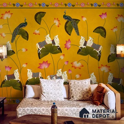 Pichwai Floral Cow Painting Inspired Yellow Wallpaper for Walls Indrani Series Canvas Patterned Design (Customised Size Wallpaper )