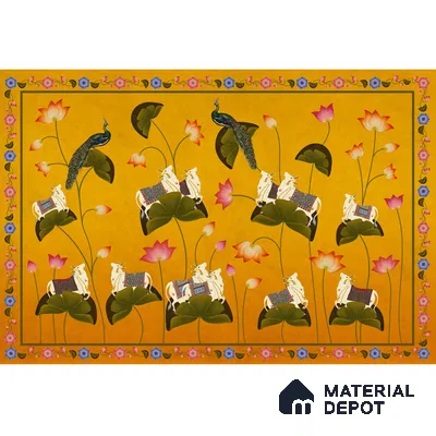 Pichwai Floral Cow Painting Inspired Yellow Wallpaper for Walls Indrani Series Canvas Patterned Design (Customised Size Wallpaper )