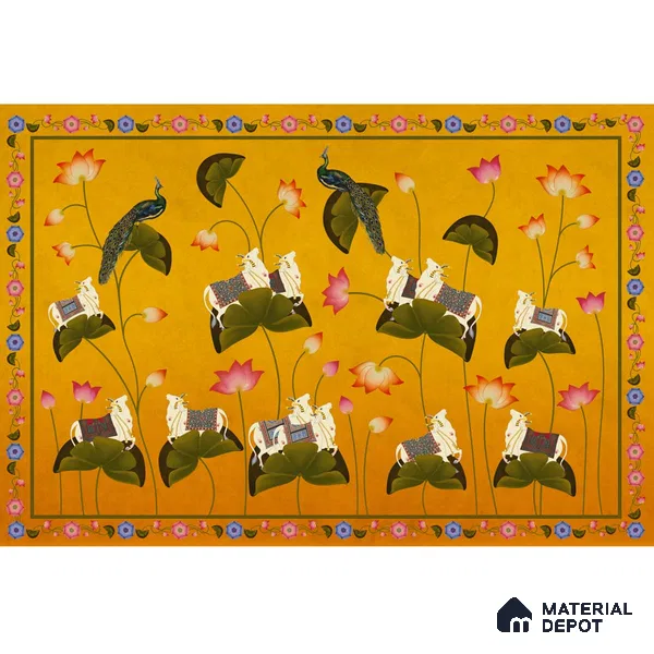 Pichwai Floral Cow Painting Inspired Yellow Wallpaper for Walls Indrani Series Handmade Patterned Design (Customised Size Wallpaper )