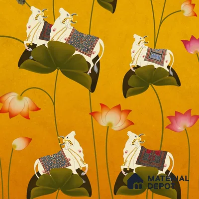 Pichwai Floral Cow Painting Inspired Yellow Wallpaper for Walls Indrani Series Canvas Patterned Design (Customised Size Wallpaper )