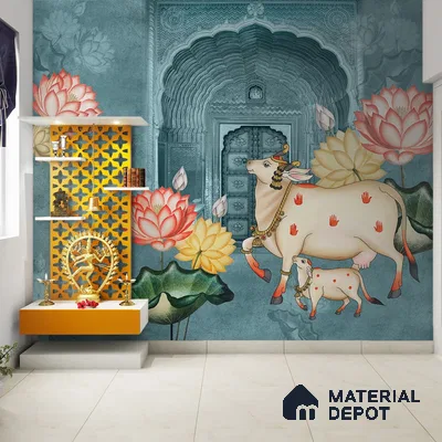 Pichwai Style Blue Wallpaper for Lobby and Temple Walls Indrani Series Canvas Artistic Design (Customised Size Wallpaper )