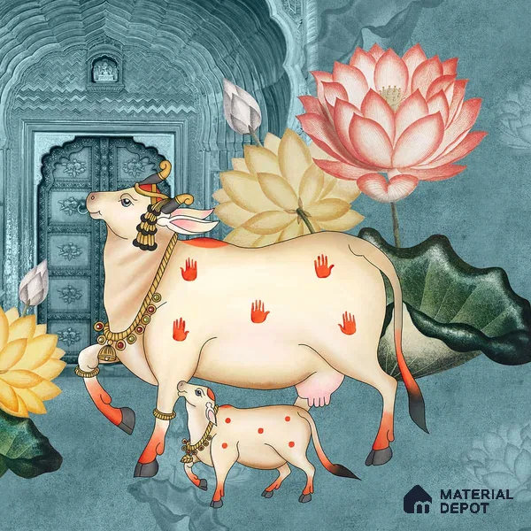 Pichwai Style Blue Wallpaper for Lobby and Temple Walls Indrani Series Canvas Artistic Design (Customised Size Wallpaper )