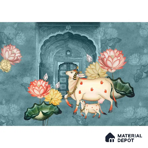 Pichwai Style Blue Wallpaper for Lobby and Temple Walls Indrani Series Handmade Artistic Design (Customised Size Wallpaper )