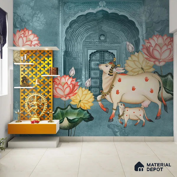 Pichwai Style Blue Wallpaper for Lobby and Temple Walls Indrani Series Soft Feel Artistic Design (Customised Size Wallpaper )