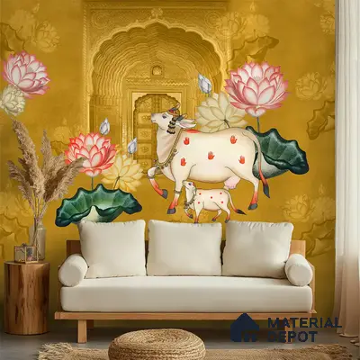 Pichwai Style Wallpaper for Lobby and Temple Walls, Yellow Indrani Series Soft Feel Artistic Design (Customised Size Wallpaper )