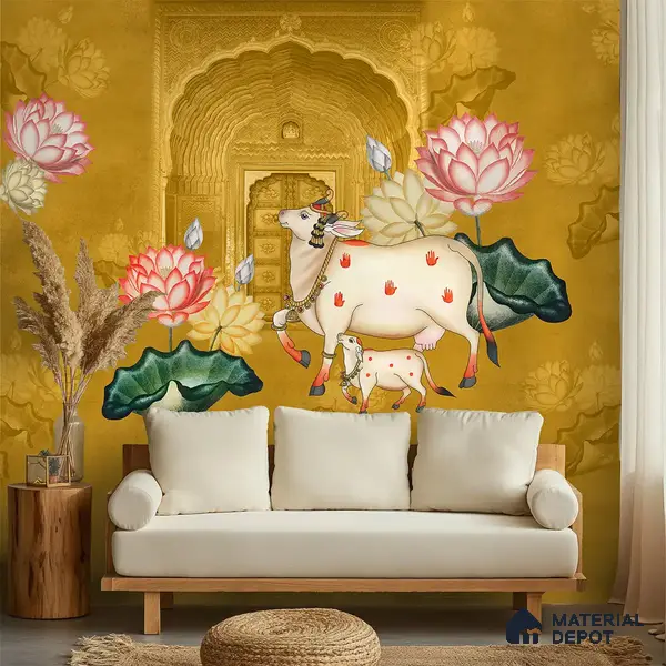 Pichwai Style Wallpaper for Lobby and Temple Walls, Yellow Indrani Series Soft Feel Artistic Design (Customised Size Wallpaper )
