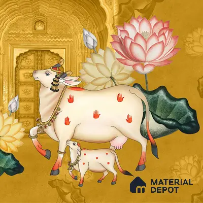 Pichwai Style Wallpaper for Lobby and Temple Walls, Yellow Indrani Series Soft Feel Artistic Design (Customised Size Wallpaper )