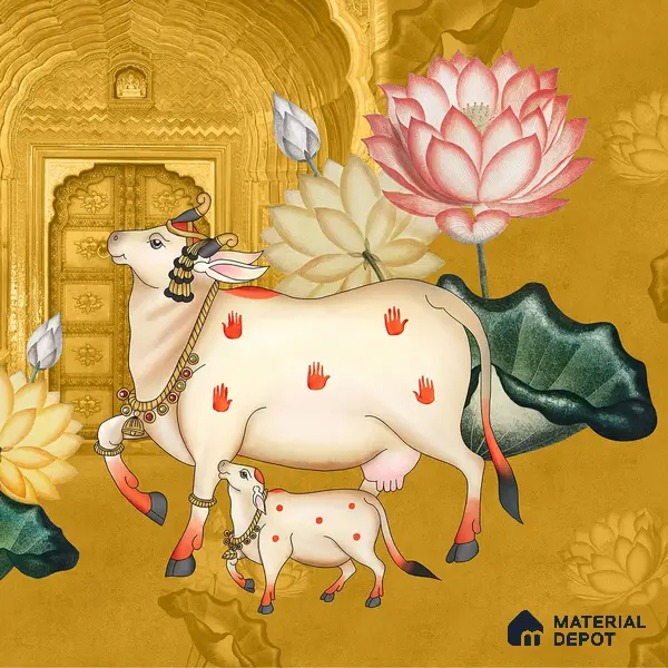 Pichwai Style Wallpaper for Lobby and Temple Walls, Yellow Indrani Series Soft Feel Artistic Design (Customised Size Wallpaper )
