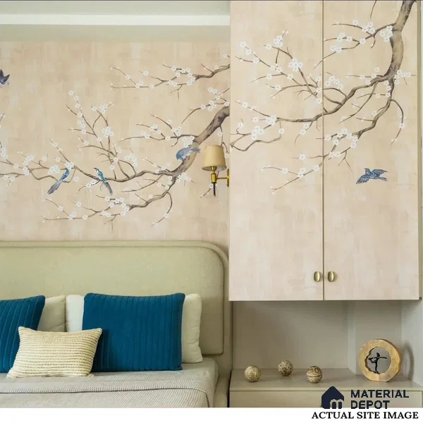 Plum Blossom Chinoiserie Style Cream Color Canvas Wallpaper for Rooms