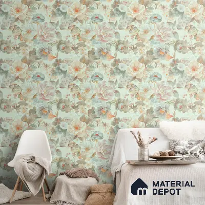 Prasoon, Colorful Floral Pattern , 10 Meter x 19.68 inches Green Canvas Wallpaper - 54 Sq. Ft. | Minimum 15% wastage during installation