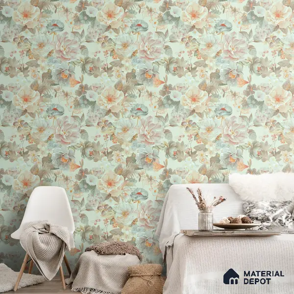 Prasoon, Colorful Floral Pattern , 10 Meter x 19.68 inches Green Canvas Wallpaper - 54 Sq. Ft. | Minimum 15% wastage during installation